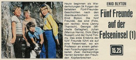 Zeitungsausschnitt: F�nf Freunde auf der Felseninsel (1): Heute beginnen als Wiederholungen 24 Folgen der beliebten F�nf Freunde-Geschichten nach den Abenteuerb�chern von Enid Blyton. Die f�nf Freunde, das sind (Foto, von rechts): Anne (Jenny Thanisch), Georgia (Michelle Gallagher), Julian (Marcus Harris), Dick (Gary Russell) und der Hund Timmy. Das erste Erlebnis der f�nf Freunde f�hrt sie auf eine Felseninsel, wo ein Professor an einem geheimesn Forschungsprojekt arbeitet. Zwei merkw�rdige Herren bereiten den Freunden Kopfzerbrechen...