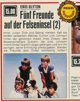 Zeitungsausschnitt: F�nf Freunde auf der Felseninsel (2): Anne, Julian, Dick und Georgi merken, da� die beiden selstamen M�nner Curton und Johnson hinter der geheimen Arbeit ihres Onkels, des Wissenschaftlers Quentin, her sind. Johnson nimmt Onkel Quentin sogar gefangen und will ihn zwingen, seine Erfindung preiszugeben. Werden die Freunde dem Onkel rechtzeitig helfen?